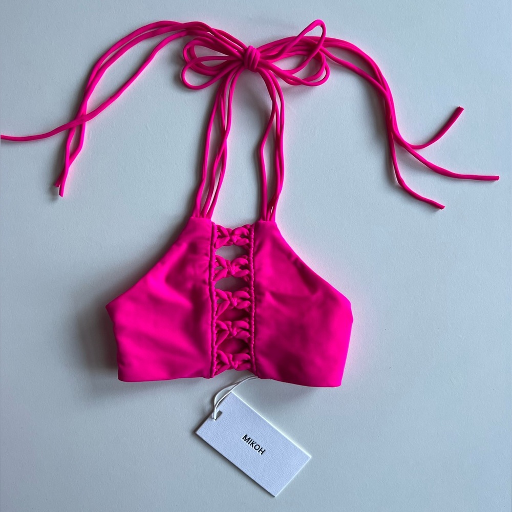 MIKOH MINI Kaleo High Neck Crotched Halter Top in Pop Pink NWT